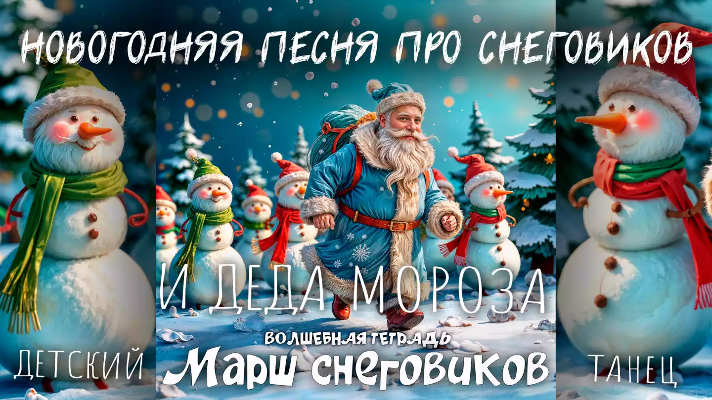 На изображении представлена зимняя сцена с яркими и радостными элементами. В центре изображен Дед Мороз, одетый в синее пальто с меховой оторочкой и красным поясом. На голове у него синяя шапка с помпоном. За спиной у Деда Мороза большой рюкзак. Он идет по снегу, оставляя за собой следы. На заднем плане видны несколько снеговиков, одетых в разноцветные шапки и шарфы. Они стоят на фоне заснеженных елей. В воздухе видны падающие снежинки, создавая ощущение зимнего волшебства. В нижней части изображения находится текст «ВОЛШЕБНАЯ ТЕТРАДЬ» и «Марш снеговиков».