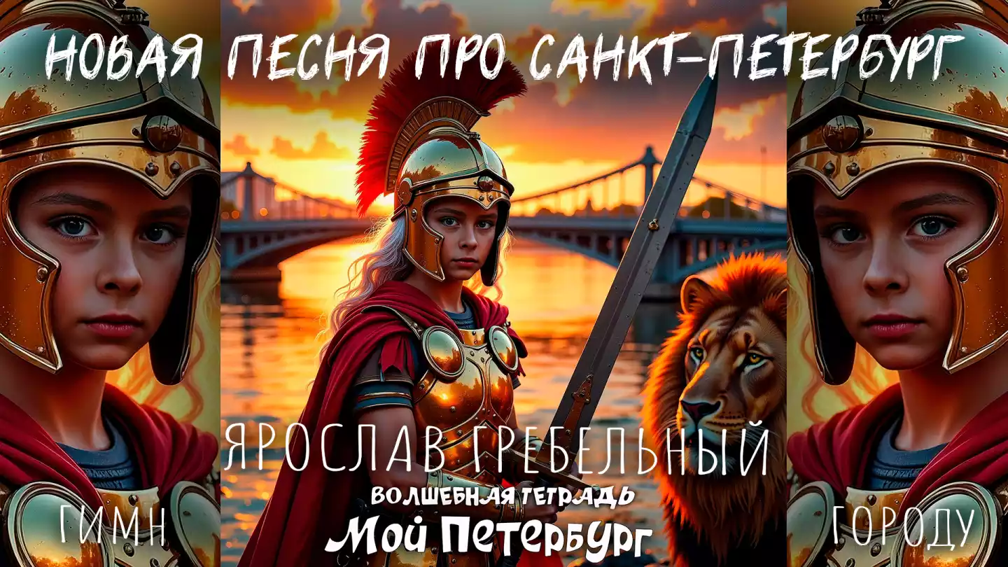 На изображении мальчик в доспехах римского воина-гладиатора с мечом и львом. На заднем плане Петербург, река Нева, мост и закат. Текст внизу: «Мой Петербург. Волшебная тетрадь».