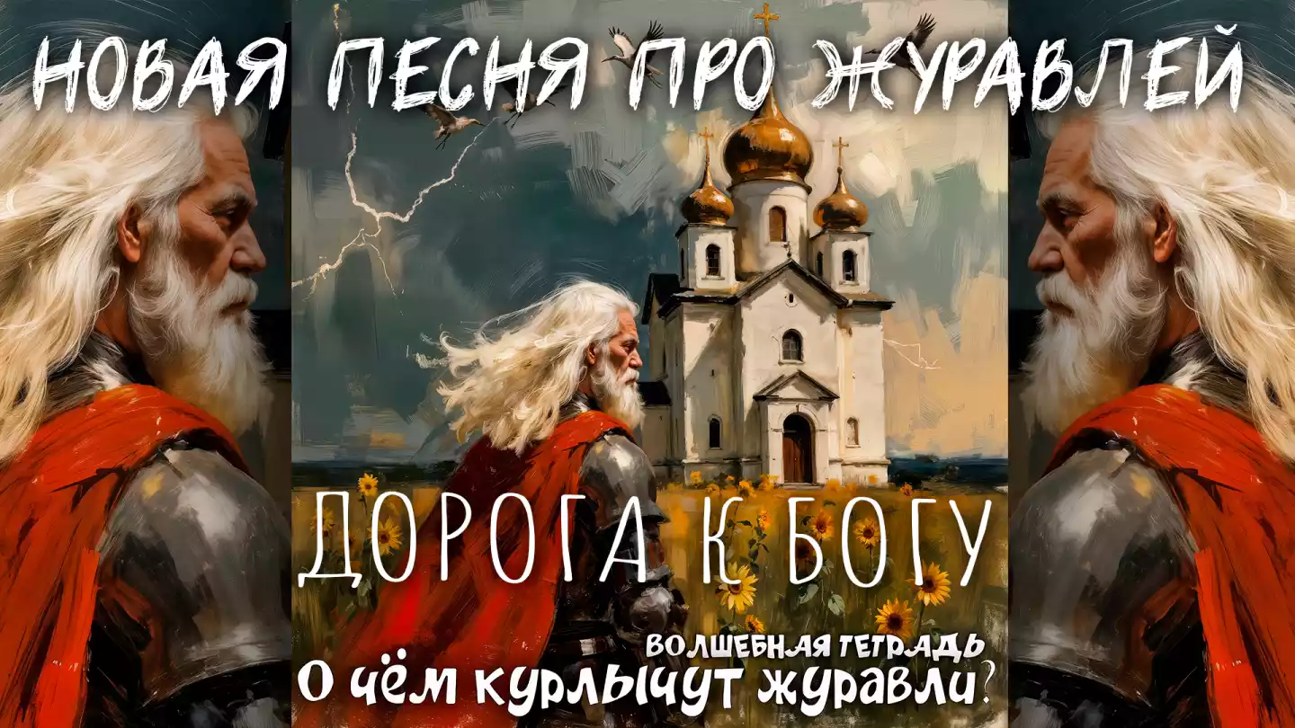 На изображении воин в доспехах и красной накидке стоит перед храмом с золотыми куполами. Вокруг растут подсолнухи, летят птицы. Надпись: «О чём курлычут журавли? Волшебная тетрадь».