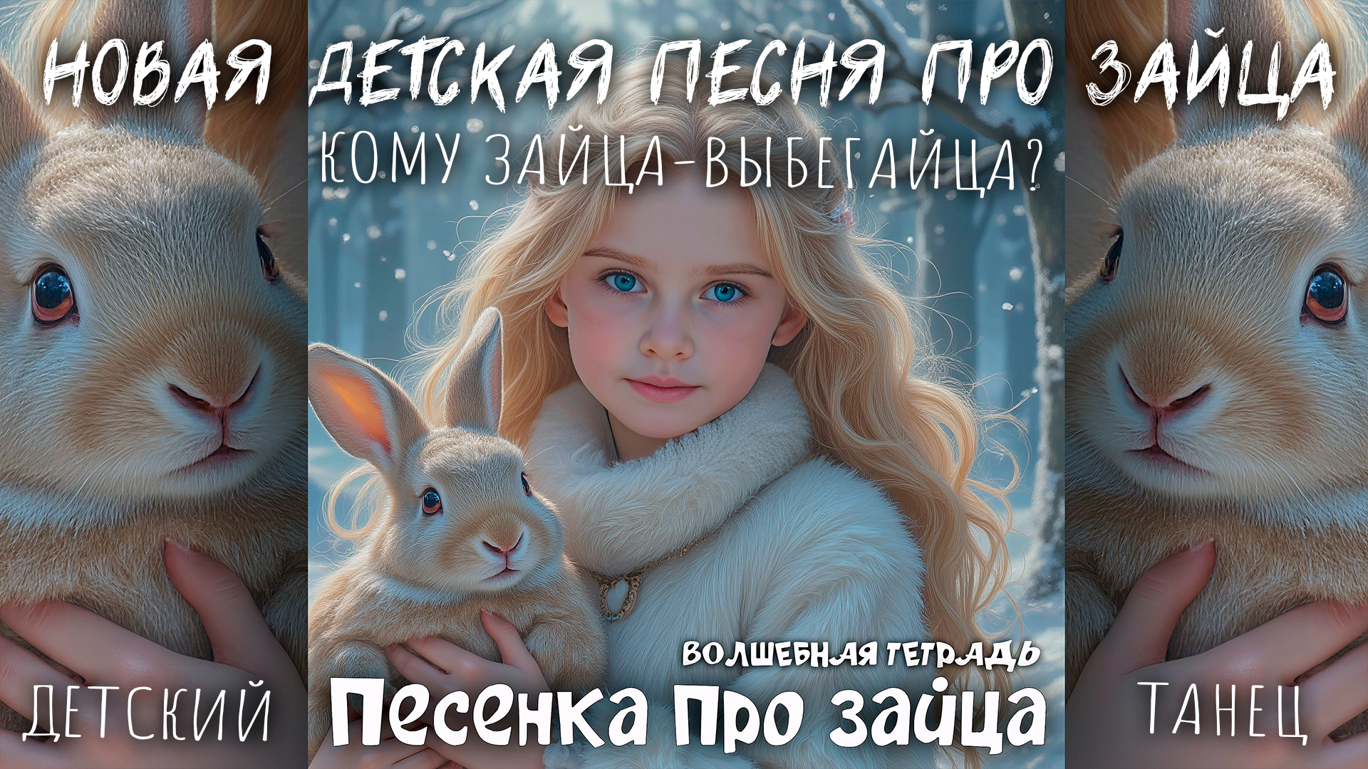 На изображении изображена девочка с длинными светлыми волосами и голубыми глазами. Она одета в белую меховую шубу и держит на руках белого кролика. Фон изображения представляет собой зимний лес, покрытый снегом. Деревья на заднем плане также покрыты снегом, создавая атмосферу зимней сказки. Девочка смотрит прямо в камеру, её лицо выражает спокойствие и доброту. В правом нижнем углу изображения находится текст белого цвета, который гласит: «Волшебная тетрадь. Песенка про зайца».
