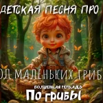 На изображении нарисован маленький мальчик с ярко-рыжими волосами и большими выразительными глазами. Он стоит в лесу, окружённом высокими деревьями. Мальчик одет в светлую рубашку, джинсовую жилетку и синие брюки. На его плече висит сумка, а в руках он держит корзину, полную грибов. Вокруг него летают бабочки, а на земле видны большие грибы. Лес наполнен зелёными деревьями и кустарниками, создавая атмосферу сказочного мира. Внизу изображения есть надпись «Волшебная тетрадь. По грибы».