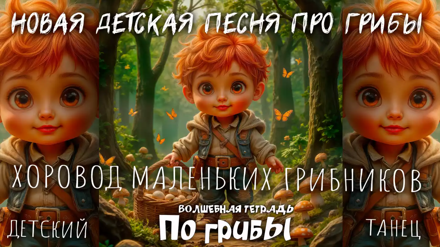 На изображении нарисован маленький мальчик с ярко-рыжими волосами и большими выразительными глазами. Он стоит в лесу, окружённом высокими деревьями. Мальчик одет в светлую рубашку, джинсовую жилетку и синие брюки. На его плече висит сумка, а в руках он держит корзину, полную грибов. Вокруг него летают бабочки, а на земле видны большие грибы. Лес наполнен зелёными деревьями и кустарниками, создавая атмосферу сказочного мира. Внизу изображения есть надпись «Волшебная тетрадь. По грибы».