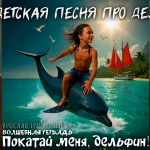 На изображении мальчик сидит верхом на дельфине, который выныривает из воды. Мальчик без рубашки, в джинсовых шортах, с длинными волосами, улыбается и выглядит радостным. Дельфин серого цвета, с плавниками и хвостом, которые видны под водой. На заднем плане изображён яркий солнечный день с голубым небом и белыми облаками. Вдали виден парусник с красными парусами, стоящий на якоре у берега, где растут пальмы. Также видны несколько белых чаек, летающих в небе. Вода имеет бирюзовый цвет, создавая ощущение тропического пляжа. Внизу изображения есть текст: «Ярослав Гребельный & Волшебная Тетрадь. Покатай меня, дельфин!».