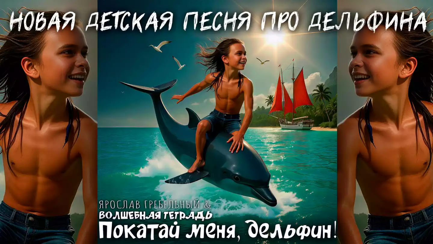 На изображении мальчик сидит верхом на дельфине, который выныривает из воды. Мальчик без рубашки, в джинсовых шортах, с длинными волосами, улыбается и выглядит радостным. Дельфин серого цвета, с плавниками и хвостом, которые видны под водой. На заднем плане изображён яркий солнечный день с голубым небом и белыми облаками. Вдали виден парусник с красными парусами, стоящий на якоре у берега, где растут пальмы. Также видны несколько белых чаек, летающих в небе. Вода имеет бирюзовый цвет, создавая ощущение тропического пляжа. Внизу изображения есть текст: «Ярослав Гребельный & Волшебная Тетрадь. Покатай меня, дельфин!».