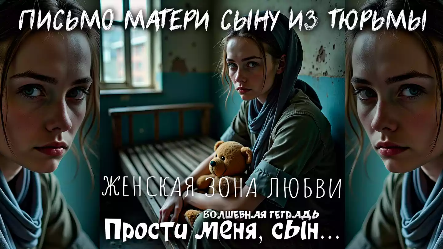 На изображении девушка с платком на голове сидит на скамейке в тюремной камере, держа плюшевого мишку. На стене видны облупившаяся краска и окно. Надпись: «Прости меня, сын». Волшебная тетрадь.