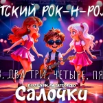 На изображении изображены три мультяшных персонажа на сцене с яркими огнями на заднем плане. В центре мальчик с гитарой в руках, он улыбается и носит солнцезащитные очки. По обе стороны от него находятся девочки, они танцуют и улыбаются. Девочка слева с длинными рыжими волосами, одета в розовое платье и белые туфли. Девочка справа с белыми волосами, собранными в хвостики с розовыми бантами, также одета в розовое платье и белые туфли. На переднем плане надпись «Волшебная тетрадь. Салочки». Сцена освещена разноцветными огнями, создающими атмосферу праздника и веселья.