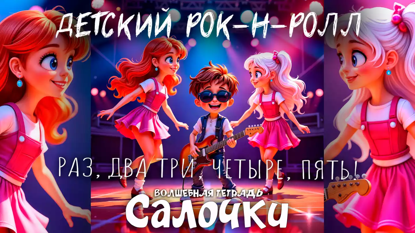 На изображении изображены три мультяшных персонажа на сцене с яркими огнями на заднем плане. В центре мальчик с гитарой в руках, он улыбается и носит солнцезащитные очки. По обе стороны от него находятся девочки, они танцуют и улыбаются. Девочка слева с длинными рыжими волосами, одета в розовое платье и белые туфли. Девочка справа с белыми волосами, собранными в хвостики с розовыми бантами, также одета в розовое платье и белые туфли. На переднем плане надпись «Волшебная тетрадь. Салочки». Сцена освещена разноцветными огнями, создающими атмосферу праздника и веселья.