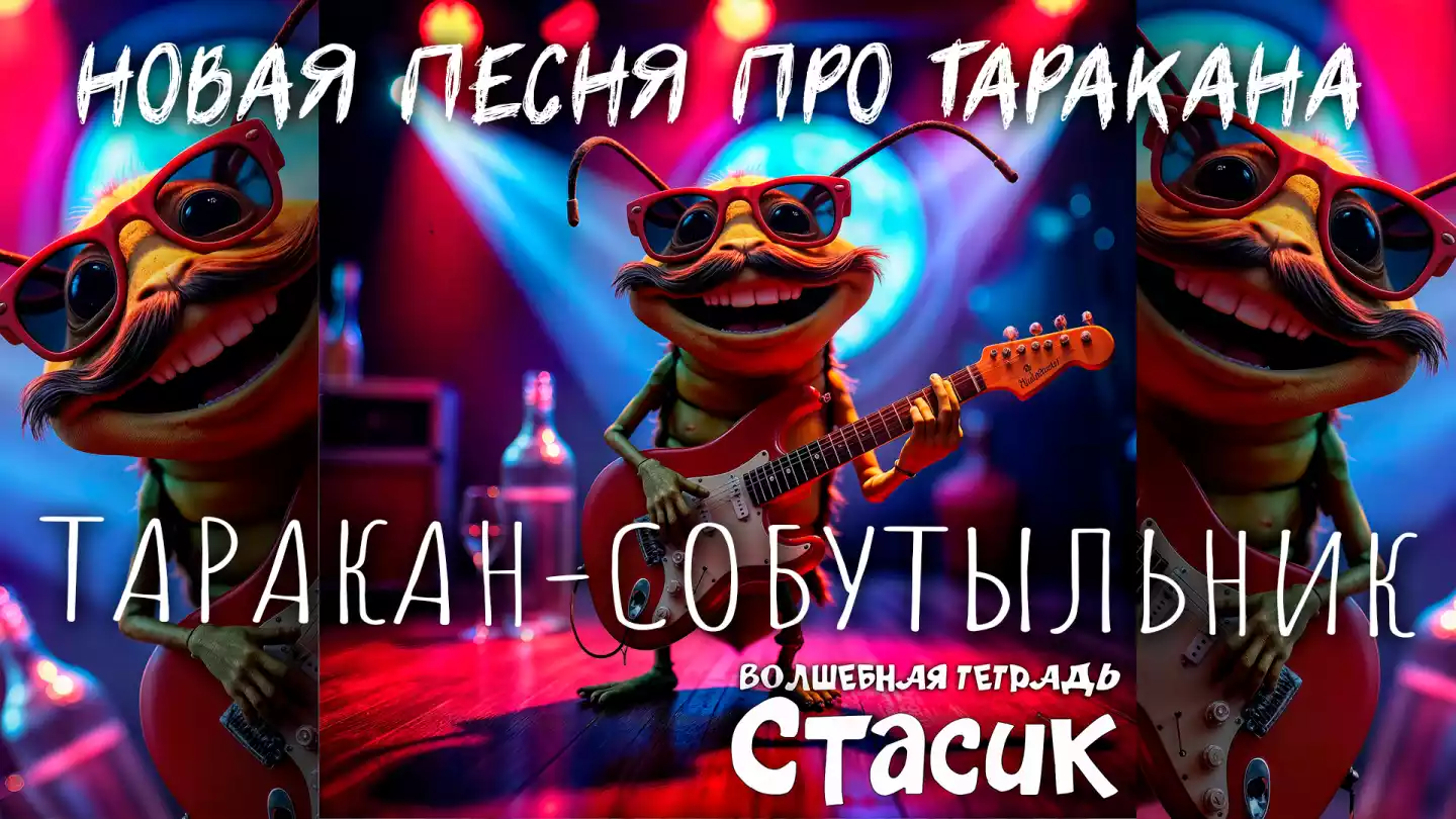 На изображении весёлый таракан в очках и с усами играет на электрогитаре. Вокруг яркие сценические огни, создающие атмосферу концерта. Надпись: «Стасик. Волшебная тетрадь».