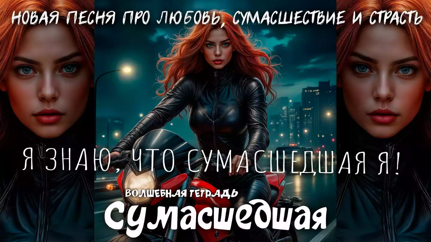 На изображении женщина с рыжими волосами на мотоцикле. Она одета в чёрную одежду. На заднем плане ночной город с огнями. Надпись: «Сумасшедшая. Волшебная тетрадь».