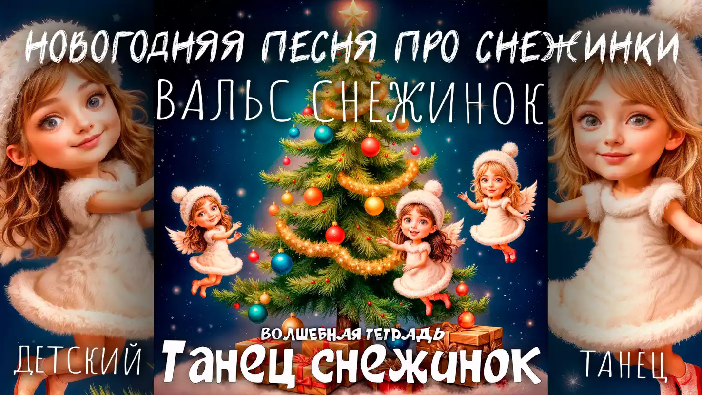 На изображении изображена новогодняя сцена. В центре находится большая, красиво украшенная ёлка, на которой висят разноцветные шары и гирлянды. На верхушке ёлки сияет золотая звезда. Рядом с ёлкой лежат подарки, завёрнутые в яркую бумагу. По обе стороны от ёлки изображены две девочки-снежинки с крыльями, одетые в белые платья и шапки. Они выглядят как ангелы и радостно улыбаются. Одна девочка находится слева от ёлки, другая — справа. Обе девочки держат в руках разноцветные шары и, кажется, танцуют вокруг ёлки. Фон изображения тёмный, с множеством светящихся звёзд, что создаёт атмосферу волшебства и праздника. Внизу изображения находится текст «ВОЛШЕБНАЯ ТЕТРАДЬ Танец снежинок».