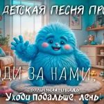 На изображении представлена уютная комната с большими окнами, через которые виден дневной свет. В центре комнаты сидит пушистый голубой персонаж с большими глазами и улыбкой. Он машет рукой, как будто приветствует кого-то. На полу лежит мягкий коврик, на котором сидит этот персонаж. Вокруг него разбросаны детские игрушки: машинки и другие предметы. На заднем плане виден шкаф с книгами и игрушками, а также картина на стене. В комнате царит атмосфера уюта и радости. Внизу изображения есть надпись: «Волшебная тетрадь. Уходи подальше, лень!».