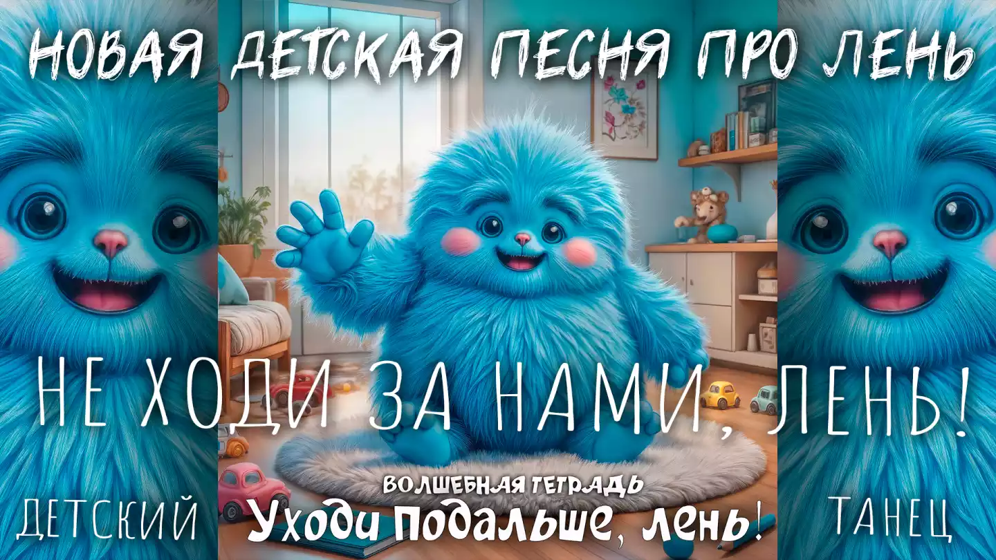 На изображении представлена уютная комната с большими окнами, через которые виден дневной свет. В центре комнаты сидит пушистый голубой персонаж с большими глазами и улыбкой. Он машет рукой, как будто приветствует кого-то. На полу лежит мягкий коврик, на котором сидит этот персонаж. Вокруг него разбросаны детские игрушки: машинки и другие предметы. На заднем плане виден шкаф с книгами и игрушками, а также картина на стене. В комнате царит атмосфера уюта и радости. Внизу изображения есть надпись: «Волшебная тетрадь. Уходи подальше, лень!».
