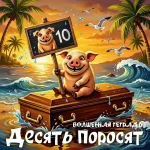Мультяшная иллюстрация: розовый поросенок сидит на коричневом сундуке на тропическом пляже на закате, держа знак с цифрой «10». Видны пальмы, волны и чайки. Внизу текст «Десять поросят. Волшебная тетрадь».