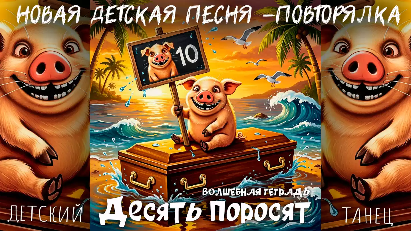 Мультяшная иллюстрация: розовый поросенок сидит на коричневом сундуке на тропическом пляже на закате, держа знак с цифрой «10». Видны пальмы, волны и чайки. Внизу текст «Десять поросят. Волшебная тетрадь».