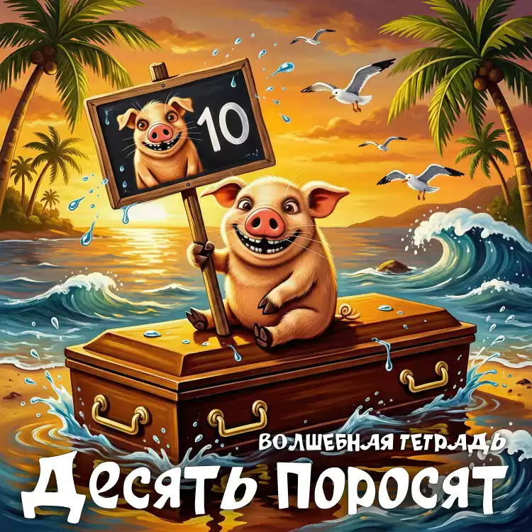 Мультяшная иллюстрация: розовый поросенок сидит на коричневом сундуке на тропическом пляже на закате, держа знак с цифрой «10». Видны пальмы, волны и чайки. Внизу текст «Десять поросят. Волшебная тетрадь».