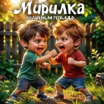 На изображении изображены двое детей, мальчик в зеленой футболке и мальчик в красной футболке, которые стоят друг напротив друга в саду. Они выглядят как будто готовы к дружескому поединку: их кулаки подняты, а лица выражают азарт и решимость. На заднем плане виден деревянный забор и зелень сада, создающие уютную и теплую атмосферу. В верхней части изображения крупным шрифтом написано «Мирилка», а чуть ниже — «ВОЛШЕБНАЯ ТЕТРАДЬ», что намекает на тему примирения и дружбы.