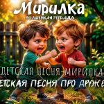 На изображении изображены двое детей, мальчик в зеленой футболке и мальчик в красной футболке, которые стоят друг напротив друга в саду. Они выглядят как будто готовы к дружескому поединку: их кулаки подняты, а лица выражают азарт и решимость. На заднем плане виден деревянный забор и зелень сада, создающие уютную и теплую атмосферу. В верхней части изображения крупным шрифтом написано «Мирилка», а чуть ниже — «ВОЛШЕБНАЯ ТЕТРАДЬ», что намекает на тему примирения и дружбы.