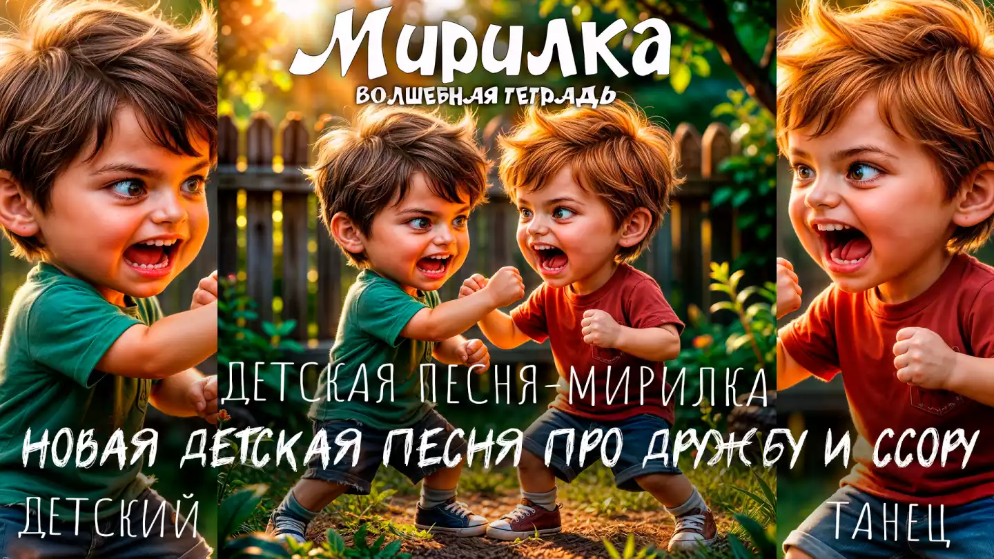 На изображении изображены двое детей, мальчик в зеленой футболке и мальчик в красной футболке, которые стоят друг напротив друга в саду. Они выглядят как будто готовы к дружескому поединку: их кулаки подняты, а лица выражают азарт и решимость. На заднем плане виден деревянный забор и зелень сада, создающие уютную и теплую атмосферу. В верхней части изображения крупным шрифтом написано «Мирилка», а чуть ниже — «ВОЛШЕБНАЯ ТЕТРАДЬ», что намекает на тему примирения и дружбы.