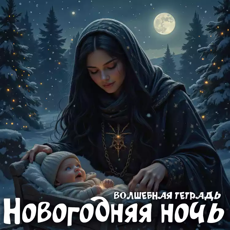 На картине изображена зимняя ночь, наполненная магией и теплом. В центре композиции находится женщина в темной одежде с капюшоном, украшенным снежинками. Она держит младенца в люльке, который смотрит на нее с восхищением и любопытством. Женщина нежно улыбается, глядя на ребенка, создавая атмосферу любви и заботы. На заднем плане виден заснеженный лес, освещенный полной луной. Деревья украшены гирляндами огоньков, которые мерцают, словно звезды, упавшие с неба. Снежинки мягко падают на землю, добавляя сцене ощущение волшебства. Текст «ВОЛШЕБНАЯ ТЕТРАДЬ Новогодняя ночь» подчеркивает атмосферу сказки и праздника. Картина передает ощущение уюта, тепла и магии, которые царят в эту волшебную ночь.