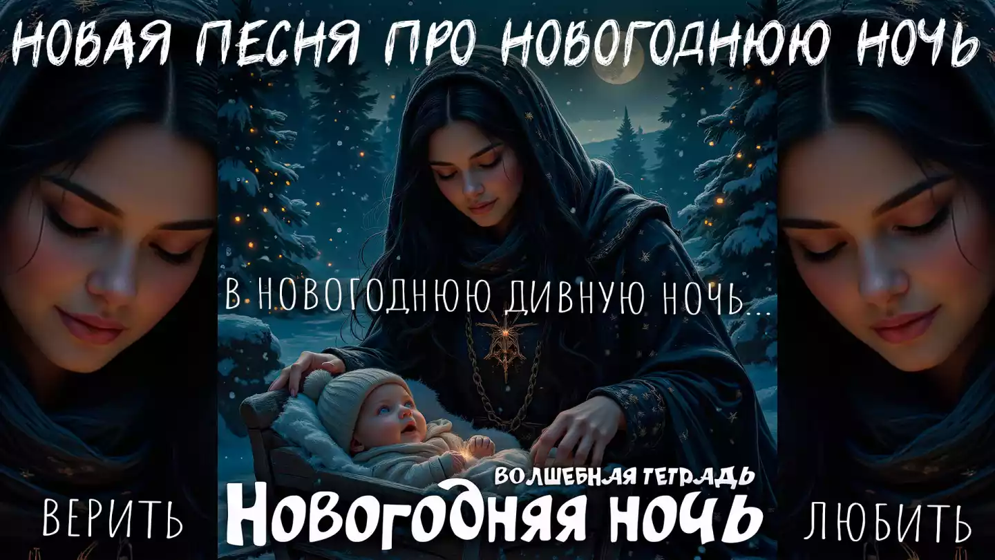 На картине изображена зимняя ночь, наполненная магией и теплом. В центре композиции находится женщина в темной одежде с капюшоном, украшенным снежинками. Она держит младенца в люльке, который смотрит на нее с восхищением и любопытством. Женщина нежно улыбается, глядя на ребенка, создавая атмосферу любви и заботы. На заднем плане виден заснеженный лес, освещенный полной луной. Деревья украшены гирляндами огоньков, которые мерцают, словно звезды, упавшие с неба. Снежинки мягко падают на землю, добавляя сцене ощущение волшебства. Текст «ВОЛШЕБНАЯ ТЕТРАДЬ Новогодняя ночь» подчеркивает атмосферу сказки и праздника. Картина передает ощущение уюта, тепла и магии, которые царят в эту волшебную ночь.