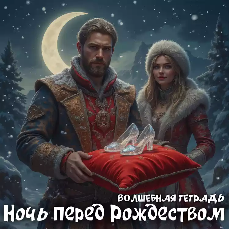 На изображении представлена зимняя сцена, наполненная атмосферой волшебства и сказки. На переднем плане изображены мужчина и женщина, стоящие рядом. Мужчина одет в богатую одежду с меховой отделкой, украшенную золотыми узорами, а женщина — в изысканное платье с меховой накидкой и шапкой. Они держат в руках красную подушку, на которой лежат хрустальные туфельки, сверкающие в лунном свете. Фон картины — заснеженный лес под покровом ночи. На небе виден яркий полумесяц, освещающий падающие снежинки, которые мягко кружатся в воздухе. Вдали виднеются силуэты гор, добавляющие глубины и загадочности сцене. Общая атмосфера картины передает ощущение зимней сказки, наполненной магией и тайной. Надпись «ВОЛШЕБНАЯ ТЕТРАДЬ Ночь перед рождеством» усиливает ощущение волшебства и намекает на связь с известным произведением Николая Гоголя.