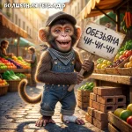 На изображении антропоморфная обезьянка, одетая в джинсовый комбинезон с пуговицами, клетчатый платок и кепку. Она стоит на мощёной улице среди рыночных прилавков, держа деревянную табличку с надписью „Обезьяна чи-чи-чи“. Вокруг — корзины с фруктами (яблоки, лимоны, виноград), овощи, кирпичи. Атмосфера тёплая, солнечная, фон слегка размытый.