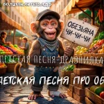 На изображении антропоморфная обезьянка, одетая в джинсовый комбинезон с пуговицами, клетчатый платок и кепку. Она стоит на мощёной улице среди рыночных прилавков, держа деревянную табличку с надписью „Обезьяна чи-чи-чи“. Вокруг — корзины с фруктами (яблоки, лимоны, виноград), овощи, кирпичи. Атмосфера тёплая, солнечная, фон слегка размытый.