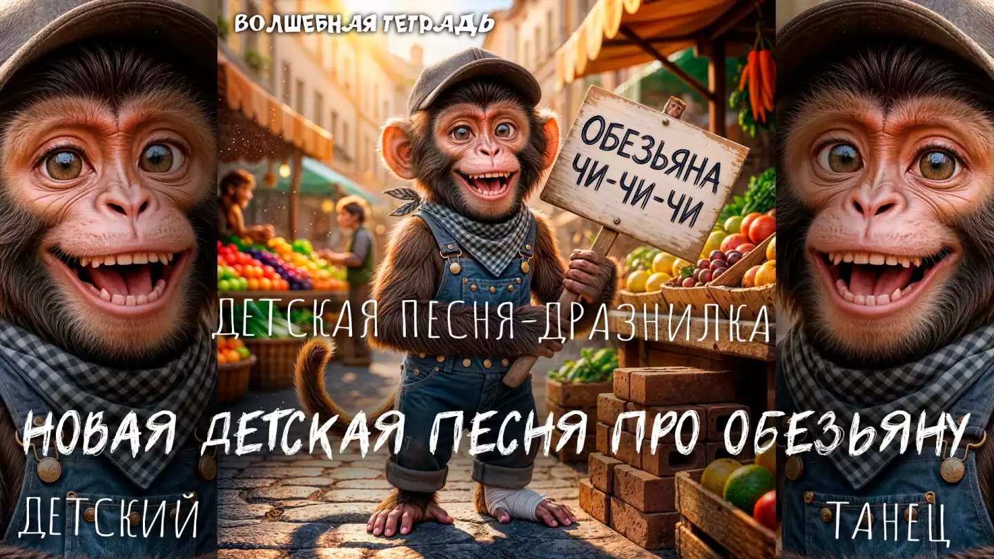 На изображении антропоморфная обезьянка, одетая в джинсовый комбинезон с пуговицами, клетчатый платок и кепку. Она стоит на мощёной улице среди рыночных прилавков, держа деревянную табличку с надписью „Обезьяна чи-чи-чи“. Вокруг — корзины с фруктами (яблоки, лимоны, виноград), овощи, кирпичи. Атмосфера тёплая, солнечная, фон слегка размытый.