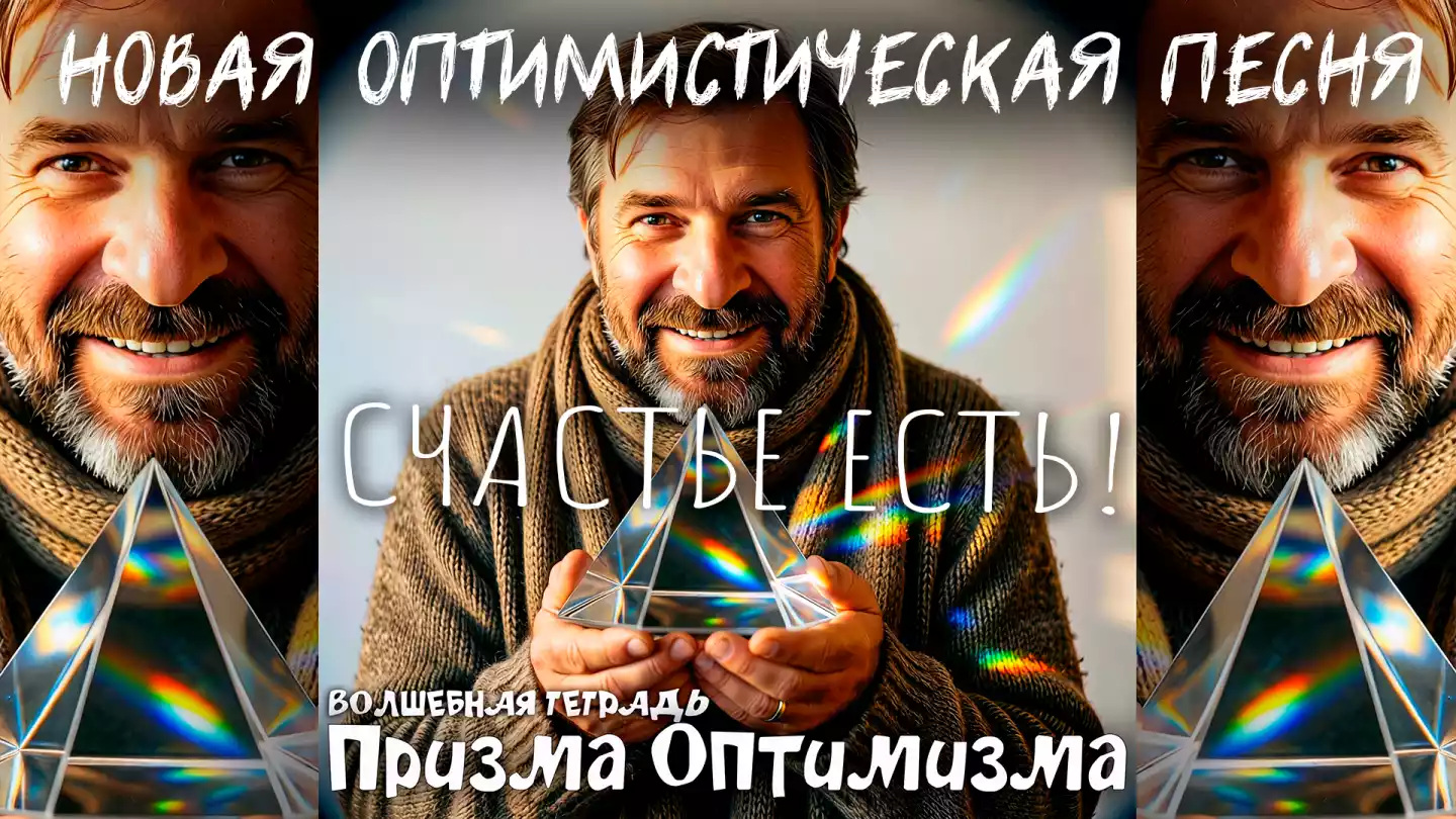 На изображении изображён улыбающийся мужчина средних лет с бородой и усами. У него короткие, слегка растрёпанные волосы. Мужчина одет в тёплый вязаный свитер и объёмный шарф, что создаёт ощущение уюта и спокойствия. Он держит в руках прозрачную оптическую призму в форме пирамиды, через которую проходят лучи света, создавая радужные блики. Эти блики красиво рассеиваются вокруг, добавляя изображению магическую и вдохновляющую атмосферу. На переднем плане крупным шрифтом написано: «ВОЛШЕБНАЯ ТЕТРАДЬ Призма Оптимизма».