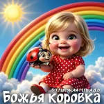 Изображение мультяшной светловолосой девочки-малыша с большими карими глазами и широкой улыбкой, сидящей в красном платье в белый горошек. Она сидит на белом облаке, на фоне яркой многоцветной радуги и желтого солнца в верхнем левом углу. Девочка держит в правой руке большую мультяшную божью коровку, которая смотрит на нее. В нижней части изображения кириллицей написано: «ВОЛШЕБНАЯ ТЕТРАДЬ» и «БОЖЬЯ КОРОВКА».
