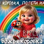 Изображение мультяшной светловолосой девочки-малыша с большими карими глазами и широкой улыбкой, сидящей в красном платье в белый горошек. Она сидит на белом облаке, на фоне яркой многоцветной радуги и желтого солнца в верхнем левом углу. Девочка держит в правой руке большую мультяшную божью коровку, которая смотрит на нее. В нижней части изображения кириллицей написано: «ВОЛШЕБНАЯ ТЕТРАДЬ» и «БОЖЬЯ КОРОВКА».