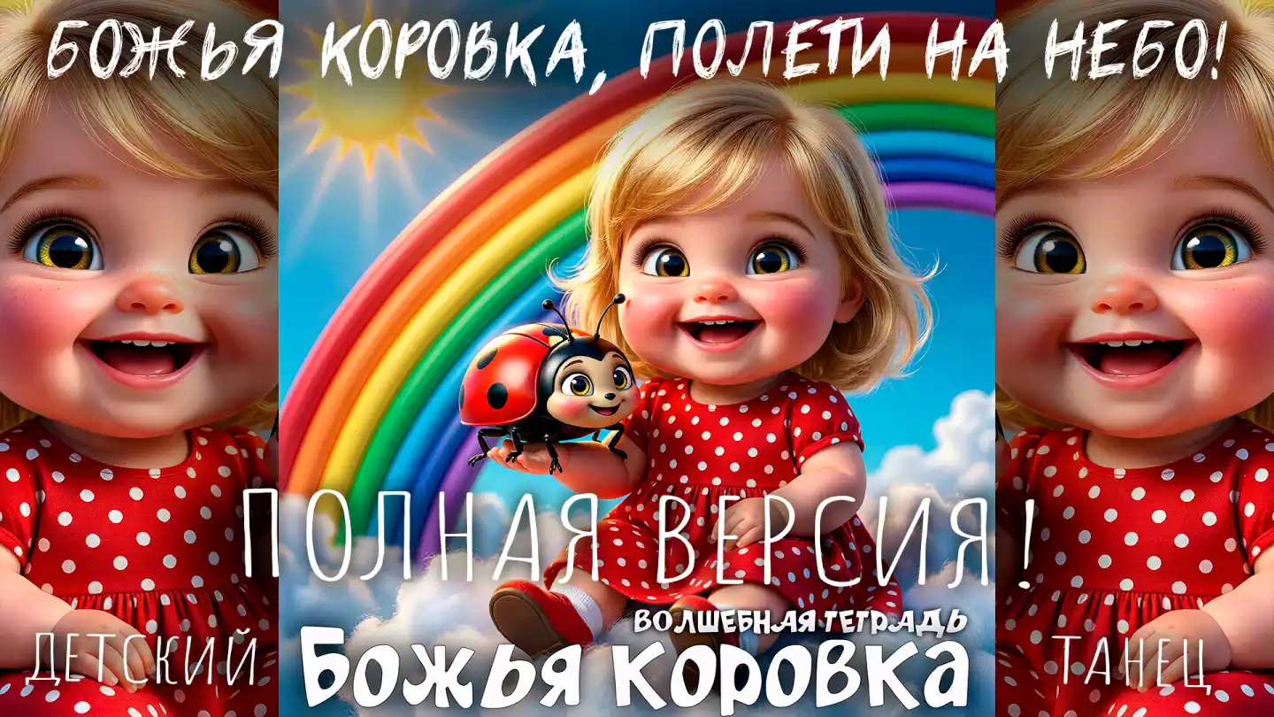 Изображение мультяшной светловолосой девочки-малыша с большими карими глазами и широкой улыбкой, сидящей в красном платье в белый горошек. Она сидит на белом облаке, на фоне яркой многоцветной радуги и желтого солнца в верхнем левом углу. Девочка держит в правой руке большую мультяшную божью коровку, которая смотрит на нее. В нижней части изображения кириллицей написано: «ВОЛШЕБНАЯ ТЕТРАДЬ» и «БОЖЬЯ КОРОВКА».