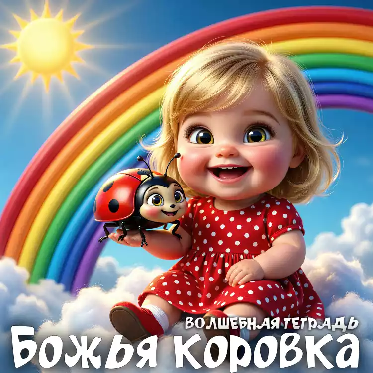 Изображение мультяшной светловолосой девочки-малыша с большими карими глазами и широкой улыбкой, сидящей в красном платье в белый горошек. Она сидит на белом облаке, на фоне яркой многоцветной радуги и желтого солнца в верхнем левом углу. Девочка держит в правой руке большую мультяшную божью коровку, которая смотрит на нее. В нижней части изображения кириллицей написано: «ВОЛШЕБНАЯ ТЕТРАДЬ» и «БОЖЬЯ КОРОВКА».