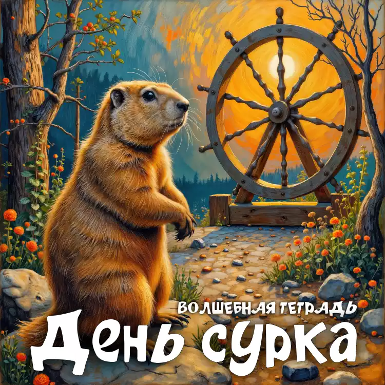 На переднем плане изображения изображен пушистый, рыжевато-коричневый сурок, стоящий на задних лапках среди ярких оранжевых и красных цветов и зелени. Его поза выразительна: он смотрит влево, как будто прислушиваясь или позируя. За зверьком извилистая каменная дорожка ведет вдаль. В центре композиции, возвышаясь над пейзажем, находится необычный элемент — большое, старинное деревянное корабельное колесо (штурвал) с множеством спиц, символизирующее Колесо Сансары, освещенное теплыми лучами заходящего или восходящего солнца. Это колесо придает изображению сюрреалистический или метафорический оттенок. Задний план выполнен в теплых тонах заката или рассвета, с оранжевым небом, просвечивающим сквозь тонкие, лишенные листьев или редкие ветви деревьев. Внизу изображения, крупным белым шрифтом с тенью, выделяется надпись на русском языке: «День сурка», а чуть выше меньшим шрифтом — «ВОЛШЕБНАЯ ТЕТРАДЬ». Атмосфера картинки сочетает элементы природы, фантазии и праздника, используя яркие цвета и контрастное освещение.