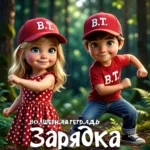 Иллюстрация к детской физической зарядке: анимированные мальчик и девочка в красных кепках с логотипом "B.T." выполняют гимнастические упражнения на лесной поляне. Снизу расположена надпись "Волшебная тетрадь. Зарядка".