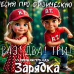 Иллюстрация к детской физической зарядке: анимированные мальчик и девочка в красных кепках с логотипом "B.T." выполняют гимнастические упражнения на лесной поляне. Снизу расположена надпись "Волшебная тетрадь. Зарядка".