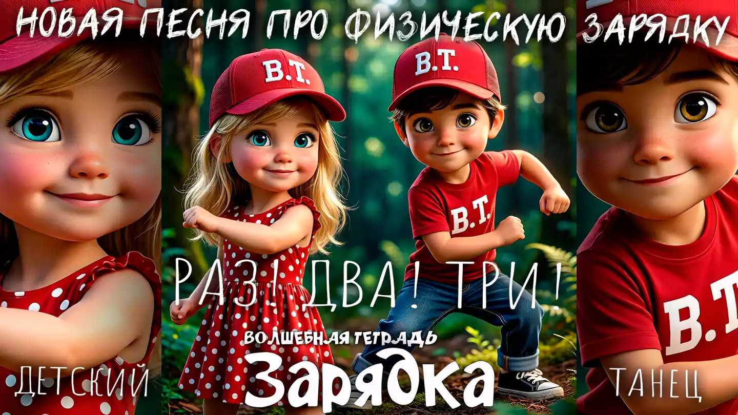 Иллюстрация к детской физической зарядке: анимированные мальчик и девочка в красных кепках с логотипом "B.T." выполняют гимнастические упражнения на лесной поляне. Снизу расположена надпись "Волшебная тетрадь. Зарядка".