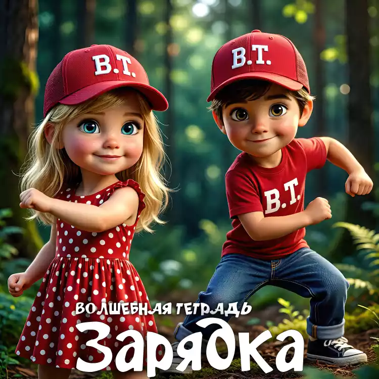 Иллюстрация к детской физической зарядке: анимированные мальчик и девочка в красных кепках с логотипом "B.T." выполняют гимнастические упражнения на лесной поляне. Снизу расположена надпись "Волшебная тетрадь. Зарядка".
