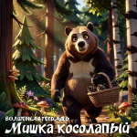На изображении показан анимированный бурый медведь, стоящий в лесу с корзиной, полной сосновых шишек. На переднем плане расположен текст, написанный кириллицей: «ВОЛШЕБНАЯ ТЕТРАДЬ» и «Мишка косолапый». Вокруг медведя растут деревья и грибы.