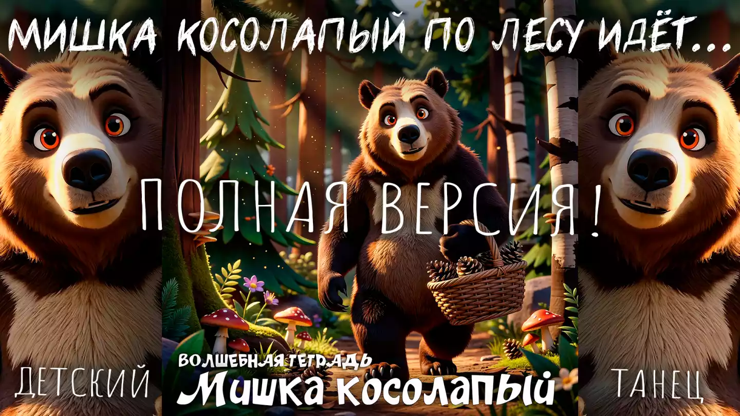 На изображении показан анимированный бурый медведь, стоящий в лесу с корзиной, полной сосновых шишек. На переднем плане расположен текст, написанный кириллицей: «ВОЛШЕБНАЯ ТЕТРАДЬ» и «Мишка косолапый». Вокруг медведя растут деревья и грибы