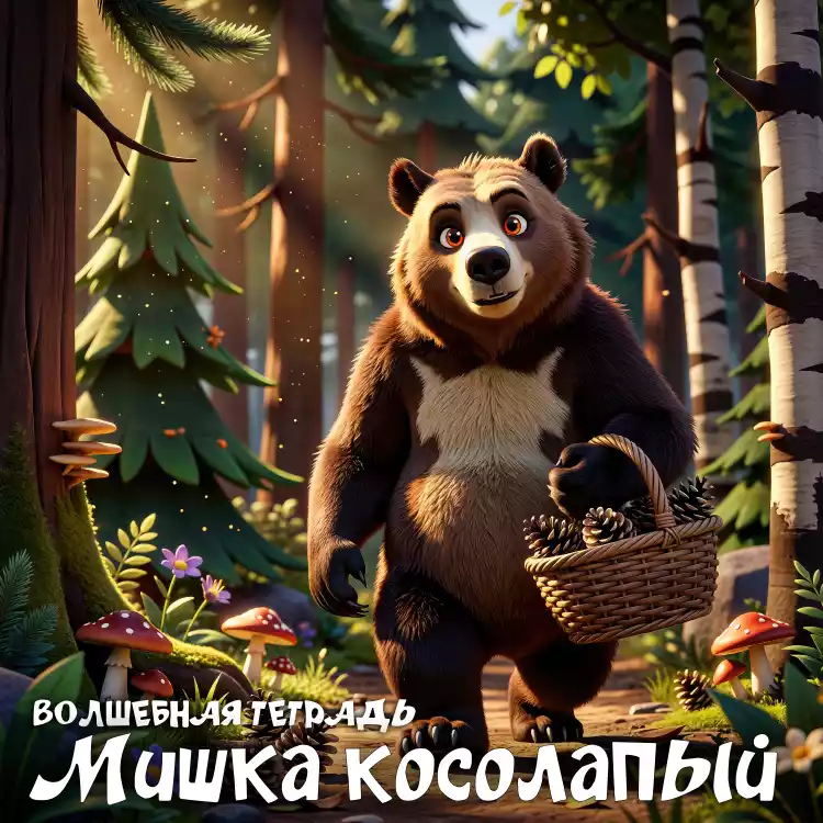 На изображении показан анимированный бурый медведь, стоящий в лесу с корзиной, полной сосновых шишек. На переднем плане расположен текст, написанный кириллицей: «ВОЛШЕБНАЯ ТЕТРАДЬ» и «Мишка косолапый». Вокруг медведя растут деревья и грибы.