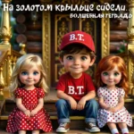 Трое детей в 3В мультяшном стиле сидят на золотом крыльце, иллюстрация к считалке "На золотом крыльце сидели"