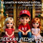 Трое детей в 3В мультяшном стиле сидят на золотом крыльце, иллюстрация к считалке "На золотом крыльце сидели"