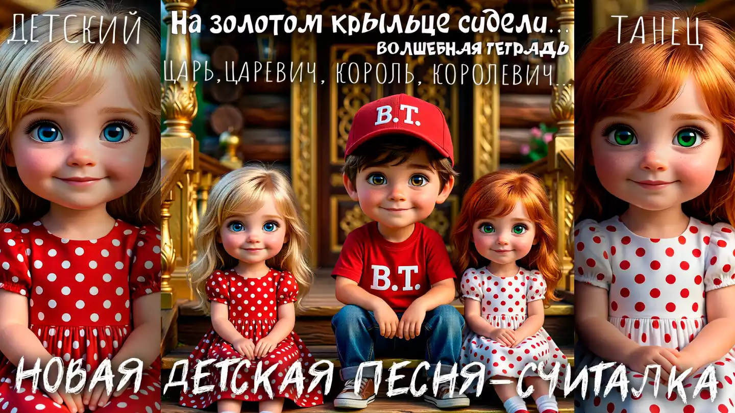 Трое детей в 3В мультяшном стиле сидят на золотом крыльце, иллюстрация к считалке "На золотом крыльце сидели"