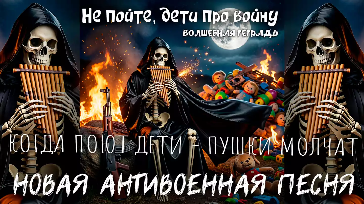 Сюрреалистичное изображение: скелет в черном плаще сидит ночью у костра на фоне свалки детских игрушек и играет на флейте из патронов. Рядом стоит автомат АК-47. Сверху текст: «Не пойте, дети Про войну. Когда поют дети - пушки молчат. ВОЛШЕБНАЯ ТЕТРАДЬ».