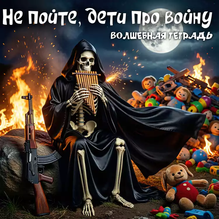 Сюрреалистичное изображение: скелет в черном плаще сидит ночью у костра на фоне свалки детских игрушек и играет на флейте из патронов. Рядом стоит автомат АК-47. Сверху текст: «Не пойте, дети Про войну. ВОЛШЕБНАЯ ТЕТРАДЬ».