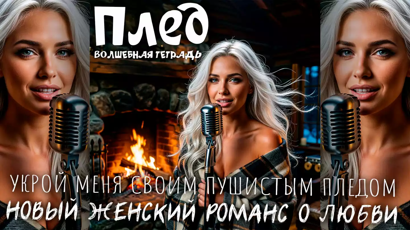 Девушка с длинными светлыми волосами, набросившая на плечи клетчатый плед, стоит перед ретро-микрофоном на фоне горящего камина в уютном интерьере. Надпись на фото: «Плед. ВОЛШЕБНАЯ ТЕТРАДЬ».