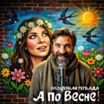 На изображении представлена яркая и красочная сцена с двумя людьми на фоне нарисованной стены. Мужчина с микрофоном в руках улыбается, а женщина с венком из ромашек на голове смотрит вверх. На заднем плане изображены цветы, птицы и солнце, создающие атмосферу весны и радости. Текст внизу гласит: «Волшебная тетрадь. А по весне!».