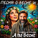 На изображении представлена яркая и красочная сцена с двумя людьми на фоне нарисованной стены. Мужчина с микрофоном в руках улыбается, а женщина с венком из ромашек на голове смотрит вверх. На заднем плане изображены цветы, птицы и солнце, создающие атмосферу весны и радости. Текст внизу гласит: «Волшебная тетрадь. А по весне!».