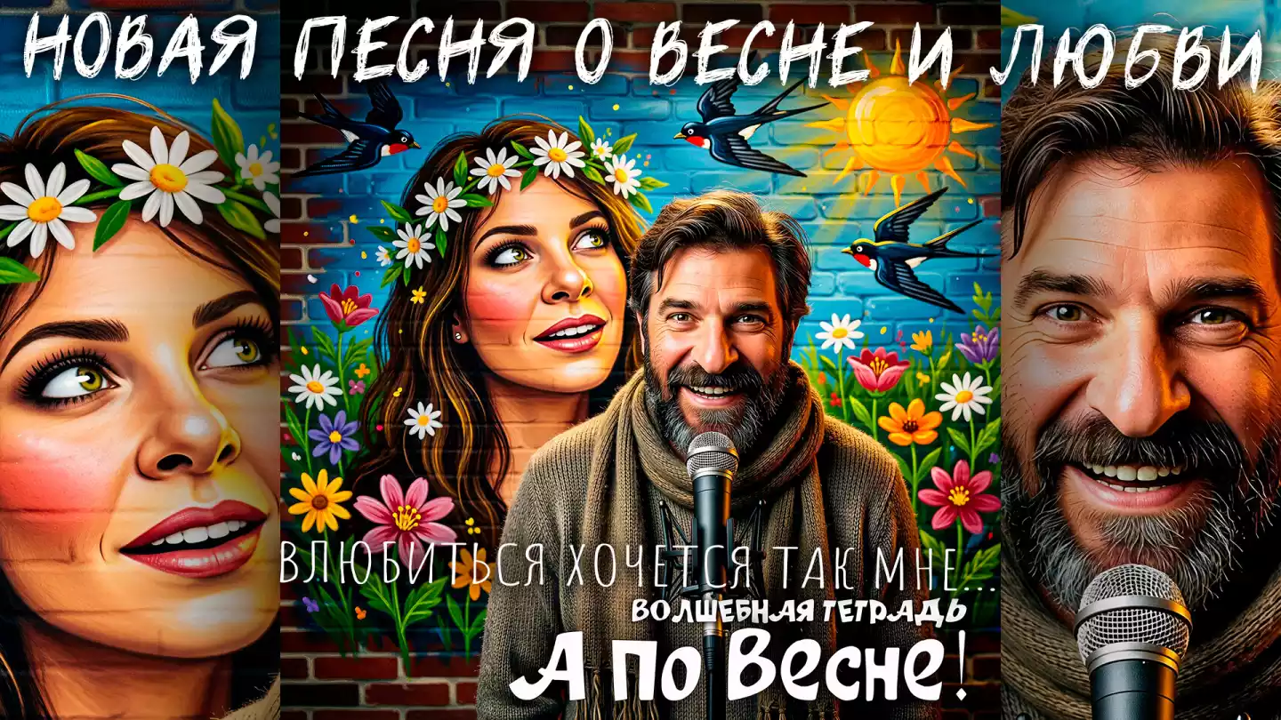 На изображении представлена яркая и красочная сцена с двумя людьми на фоне нарисованной стены. Мужчина с микрофоном в руках улыбается, а женщина с венком из ромашек на голове смотрит вверх. На заднем плане изображены цветы, птицы и солнце, создающие атмосферу весны и радости. Текст внизу гласит: «Волшебная тетрадь. А по весне!».